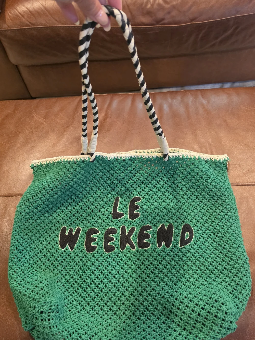 Clare V LE WEEKEND Green Crochet Tote with Striped Handles